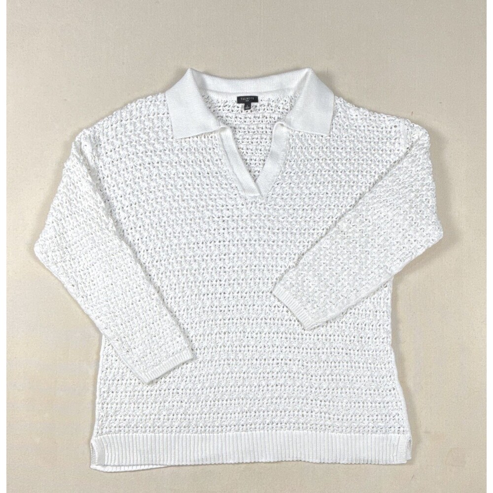 Talbots Plus Size X Sweater Open Work Crochet Open Knit Polo Collar V-Neck Whit
